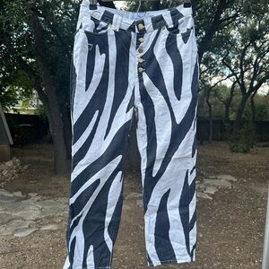 House of Sunny Zebra Print Button-Fly Jeans